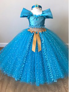 Baby Blue Cap Sleeves Floor Length Sequins and Belt Zipper Kids Formal Wear