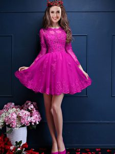 3 4 Length Sleeve Mini Length Beading and Lace and Appliques Lace Up Dama Dress for Quinceanera with Fuchsia