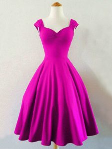 Latest Fuchsia A-line Taffeta Straps Sleeveless Ruching Knee Length Lace Up Quinceanera Dama Dress