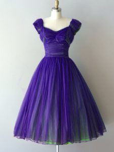 Knee Length Purple Court Dresses for Sweet 16 V-neck Cap Sleeves Lace Up