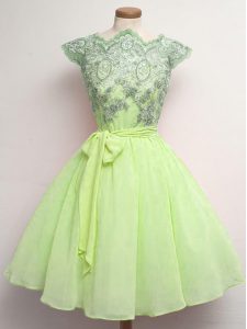 Lovely Yellow Green Chiffon Lace Up Scalloped Cap Sleeves Knee Length Dama Dress Lace and Belt