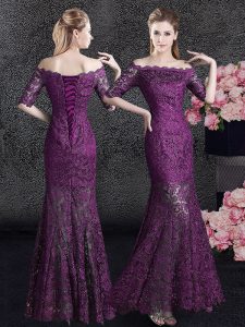 Spectacular Purple Mermaid Lace Off The Shoulder Half Sleeves Lace Floor Length Lace Up Mother Of The Bride Dress