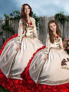 White And Red Ball Gowns Embroidery and Ruffles Quinceanera Dresses Lace Up Organza and Taffeta Long Sleeves