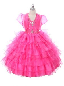 High Class Hot Pink Sleeveless Organza Lace Up Little Girls Pageant Dress Wholesale for Wedding Party