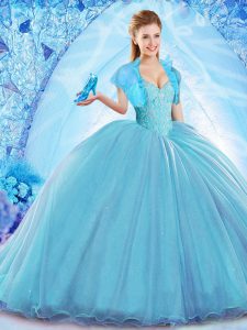 Baby Blue Ball Gowns Organza Off The Shoulder Sleeveless Beading Lace Up Ball Gown Prom Dress Sweep Train