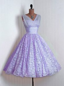 Customized Lavender V-neck Neckline Lace Dama Dress for Quinceanera Sleeveless Lace Up