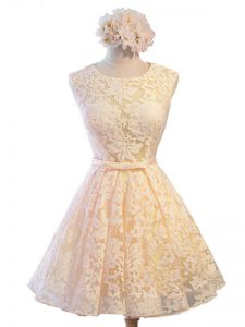 Champagne A-line Belt Quinceanera Dama Dress Lace Up Lace Sleeveless Knee Length
