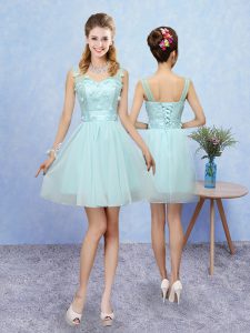 Sleeveless Tulle Mini Length Lace Up Damas Dress in Aqua Blue with Appliques