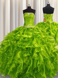 Eye-catching Olive Green Strapless Lace Up Beading and Ruffles Quince Ball Gowns Sleeveless