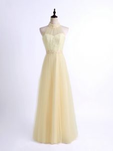 Light Yellow Tulle Lace Up Halter Top Sleeveless Floor Length Vestidos de Damas Lace and Appliques