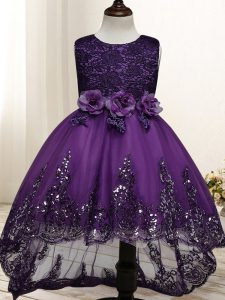 Beautiful Sleeveless Zipper High Low Lace and Appliques and Bowknot and Hand Made Flower Pageant Dress for Girls