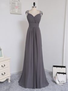 Grey Quinceanera Dama Dress Straps Cap Sleeves Brush Train Zipper