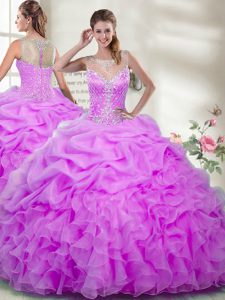 Lilac Organza Zipper Scoop Sleeveless Floor Length Quinceanera Dress Beading and Ruffles