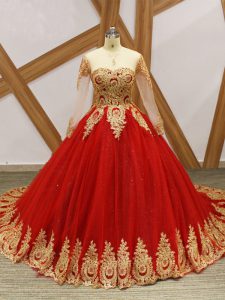 Affordable Long Sleeves Court Train Lace Up Beading and Appliques Sweet 16 Dresses