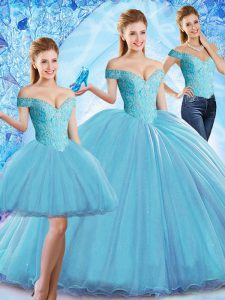 Off The Shoulder Sleeveless Organza Sweet 16 Quinceanera Dress Beading Sweep Train Lace Up