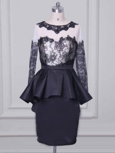 Black Column/Sheath Scoop Long Sleeves Satin Mini Length Zipper Lace and Appliques Mother of Bride Dresses