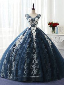 Fine Navy Blue Ball Gowns Ruffles and Pattern 15 Quinceanera Dress Lace Up Organza and Taffeta and Chiffon and Tulle Sleeveless Floor Length