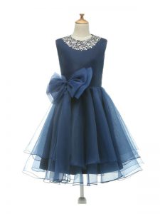 Sleeveless Tulle Knee Length Zipper Little Girls Pageant Dress Wholesale in Navy Blue with Beading and Bowknot