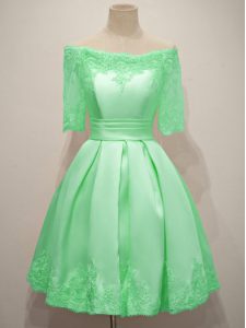 Apple Green Taffeta Lace Up Quinceanera Court of Honor Dress Half Sleeves Knee Length Lace