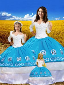 Lovely Floor Length Blue And White Sweet 16 Dresses Taffeta 3 4 Length Sleeve Embroidery