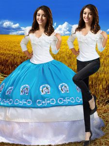 Custom Made Blue And White Two Pieces Embroidery Quince Ball Gowns Lace Up Taffeta 3 4 Length Sleeve Floor Length