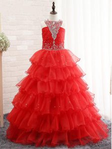 Trendy Red Ball Gowns Halter Top Sleeveless Organza Floor Length Lace Up Beading and Ruffled Layers Little Girls Pageant Dress Wholesale