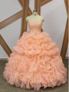 Fabulous Ball Gowns Sleeveless Peach Sweet 16 Dresses Sweep Train Lace Up