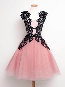 Stunning Sleeveless Knee Length Lace Lace Up Quinceanera Dama Dress with Pink