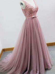 Beauteous Pink A-line V-neck Sleeveless Tulle Brush Train Zipper Beading and Belt Damas Dress