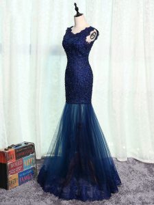 Navy Blue Sleeveless Floor Length Beading and Lace and Appliques Zipper Mother of Bride Dresses
