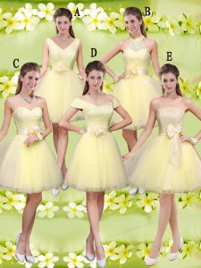 Light Yellow Sleeveless Lace and Belt Knee Length Dama Dress