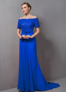 Blue Empire Chiffon Off The Shoulder Short Sleeves Lace Zipper Mother of the Bride Dress Sweep Train