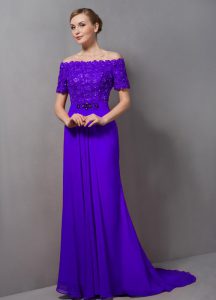 Modest Purple Mother Dresses Chiffon Sweep Train Short Sleeves Lace