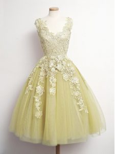 V-neck Sleeveless Tulle Quinceanera Court Dresses Appliques Lace Up