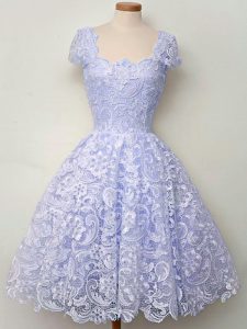 Unique A-line Vestidos de Damas Lavender Straps Lace Cap Sleeves Knee Length Lace Up