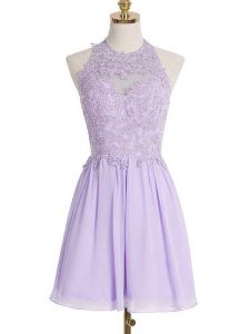 Lavender Empire Halter Top Sleeveless Chiffon Knee Length Lace Up Lace Damas Dress