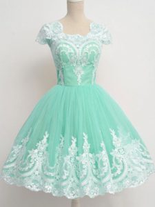 Elegant Apple Green Tulle Zipper Square Cap Sleeves Knee Length Quinceanera Court Dresses Lace