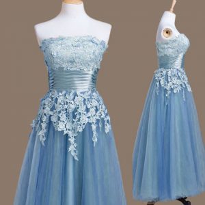 Beauteous Blue Empire Tulle Strapless Sleeveless Appliques Tea Length Lace Up Quinceanera Court of Honor Dress
