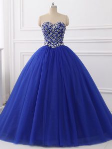 Royal Blue Tulle Lace Up Quinceanera Gowns Sleeveless Floor Length Beading