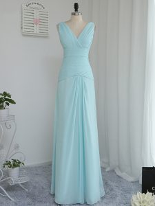 Empire Quinceanera Court of Honor Dress Aqua Blue V-neck Chiffon Sleeveless Floor Length Zipper