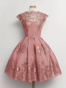 Excellent Tulle Scalloped Cap Sleeves Lace Up Lace Damas Dress in Pink