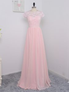 Decent Baby Pink Scoop Neckline Lace Damas Dress Cap Sleeves Zipper