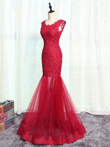 Red Tulle Zipper Mother Of The Bride Dress Sleeveless Floor Length Lace and Appliques