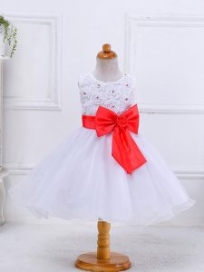 Knee Length Zipper Pageant Dress for Teens White for Wedding Party with Bowknot