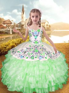 New Arrival Sleeveless Embroidery and Ruffled Layers Lace Up Kids Formal Wear