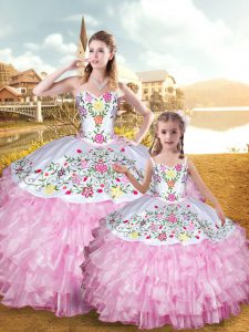 Lovely Rose Pink Sweetheart Neckline Embroidery and Ruffled Layers Quince Ball Gowns Sleeveless Lace Up