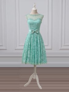 Elegant Apple Green Empire Lace Scoop Sleeveless Lace and Bowknot Knee Length Lace Up Dama Dress for Quinceanera