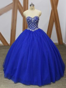Affordable Floor Length Royal Blue Sweet 16 Quinceanera Dress Tulle Sleeveless Beading