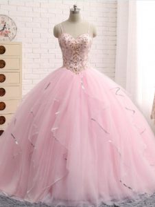 Discount Baby Pink Ball Gowns Beading and Ruffles Sweet 16 Quinceanera Dress Lace Up Tulle Sleeveless