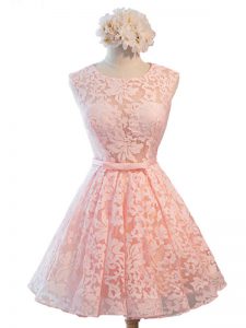 Pink A-line Scoop Sleeveless Lace Knee Length Lace Up Belt Quinceanera Court of Honor Dress